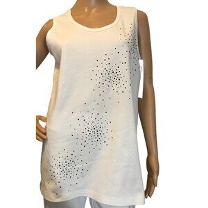 Christine Alexander Medium WHITE Tank SWAROVSKI Bling Scoop Neck Cotton TANK